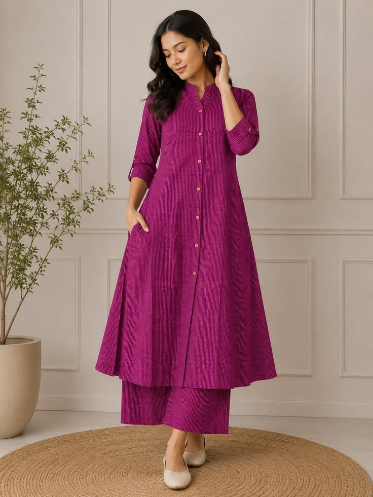Magenta Pink A-Line Kurti Set _ Cotton Kantha Palazzo Co-Ord