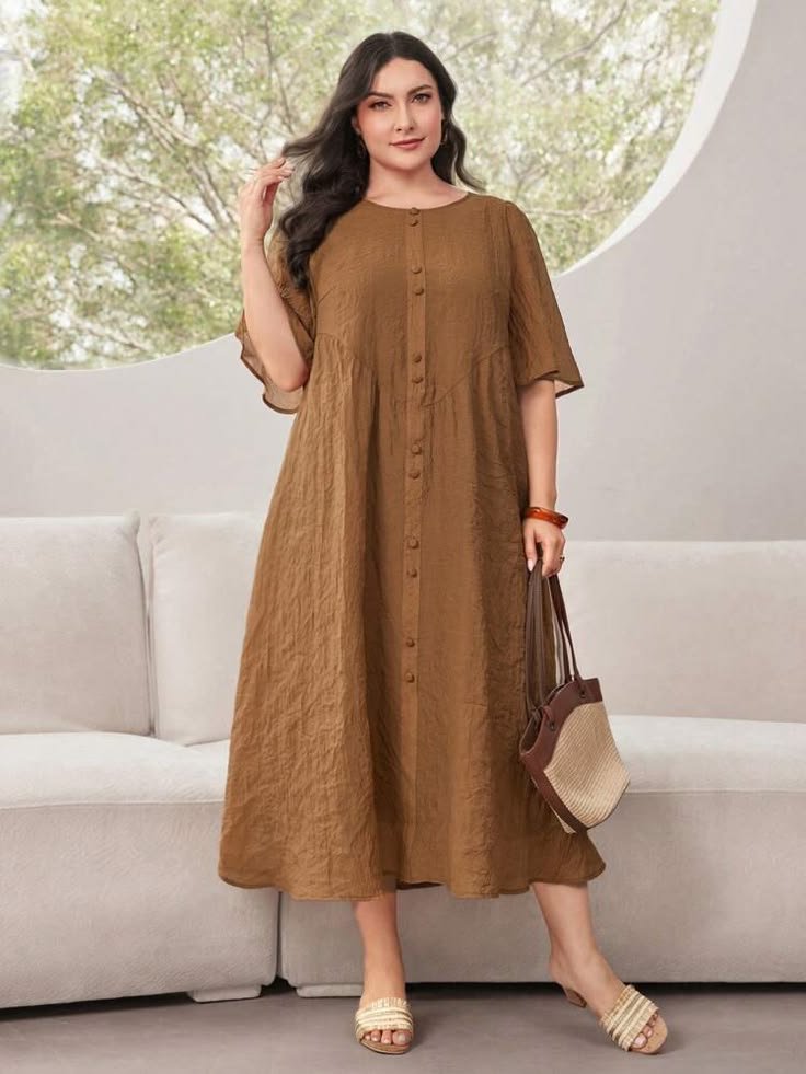 Mulvari Plus Size Solid Button Front Dress For Summer, Dress Perfect For Beach_Casual_Vacation_Homewear _ SHEIN
