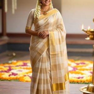 Women's Kuthampully Kerala Kasavu Saree Tissue Mural Hand Printed - Multi Colour EKM-798